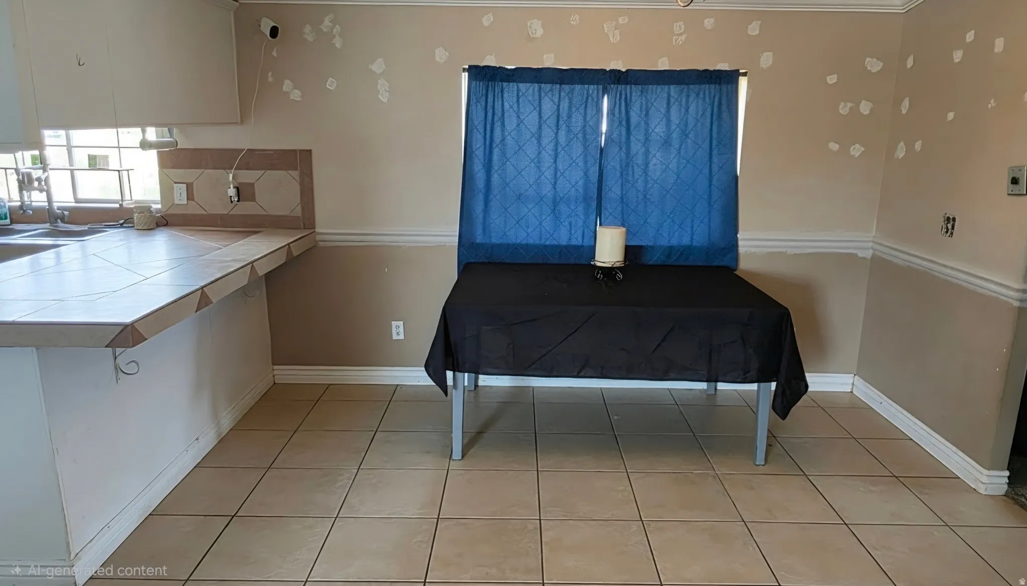 Tile flooring, kitchen with tile countertops, window with blue drapes, baseboard molding