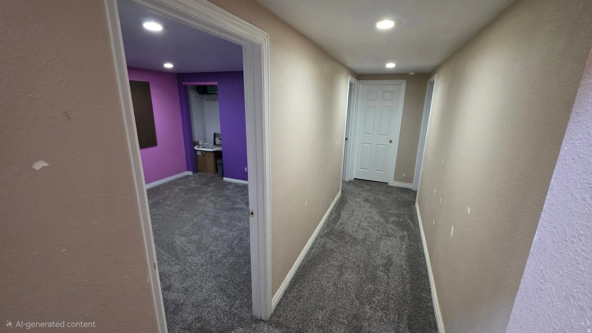 Recessed lighting illuminates the hallway and adjacent room, which features carpeted flooring