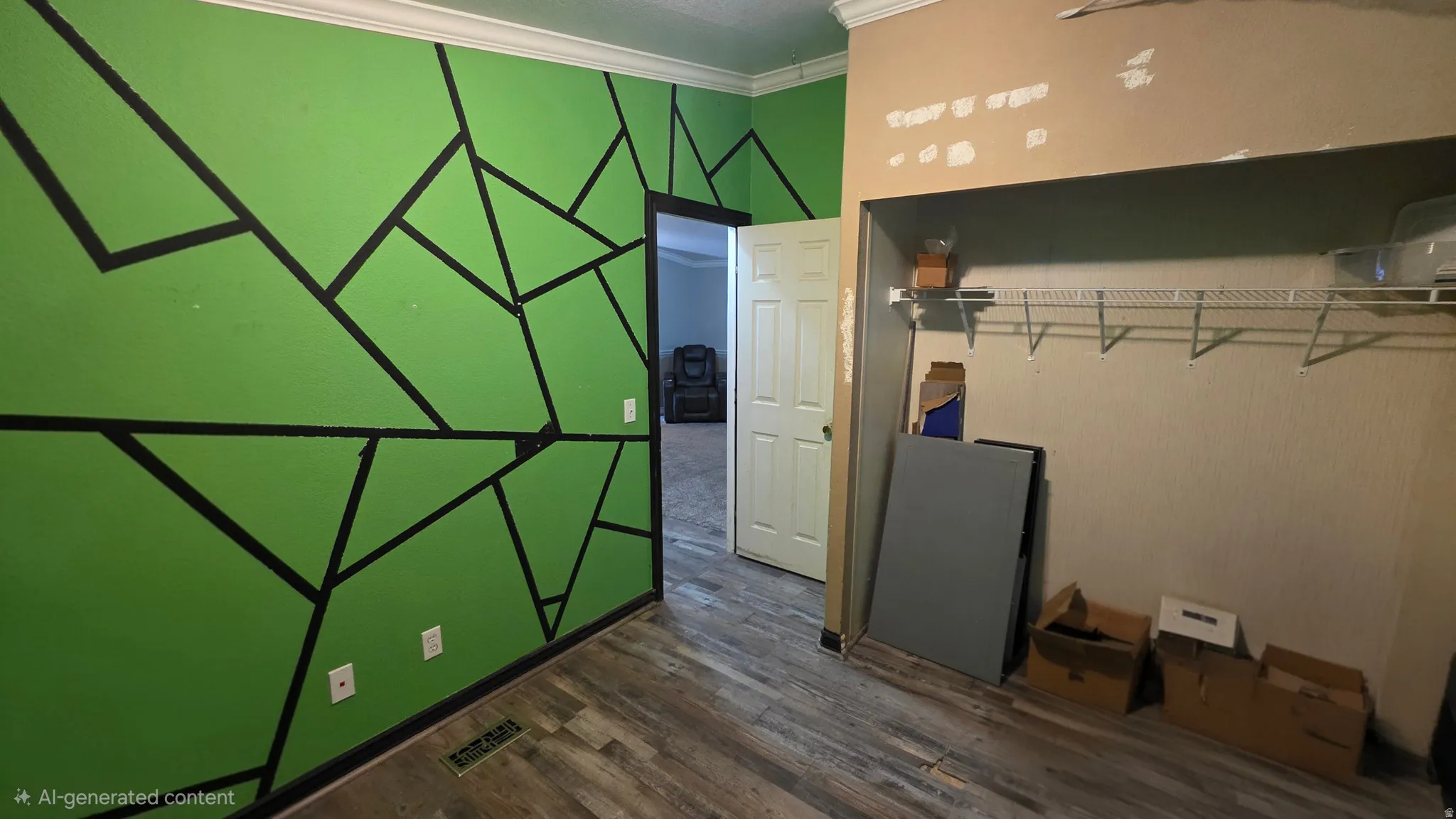 Wood-finish flooring with a decorative green accent wall