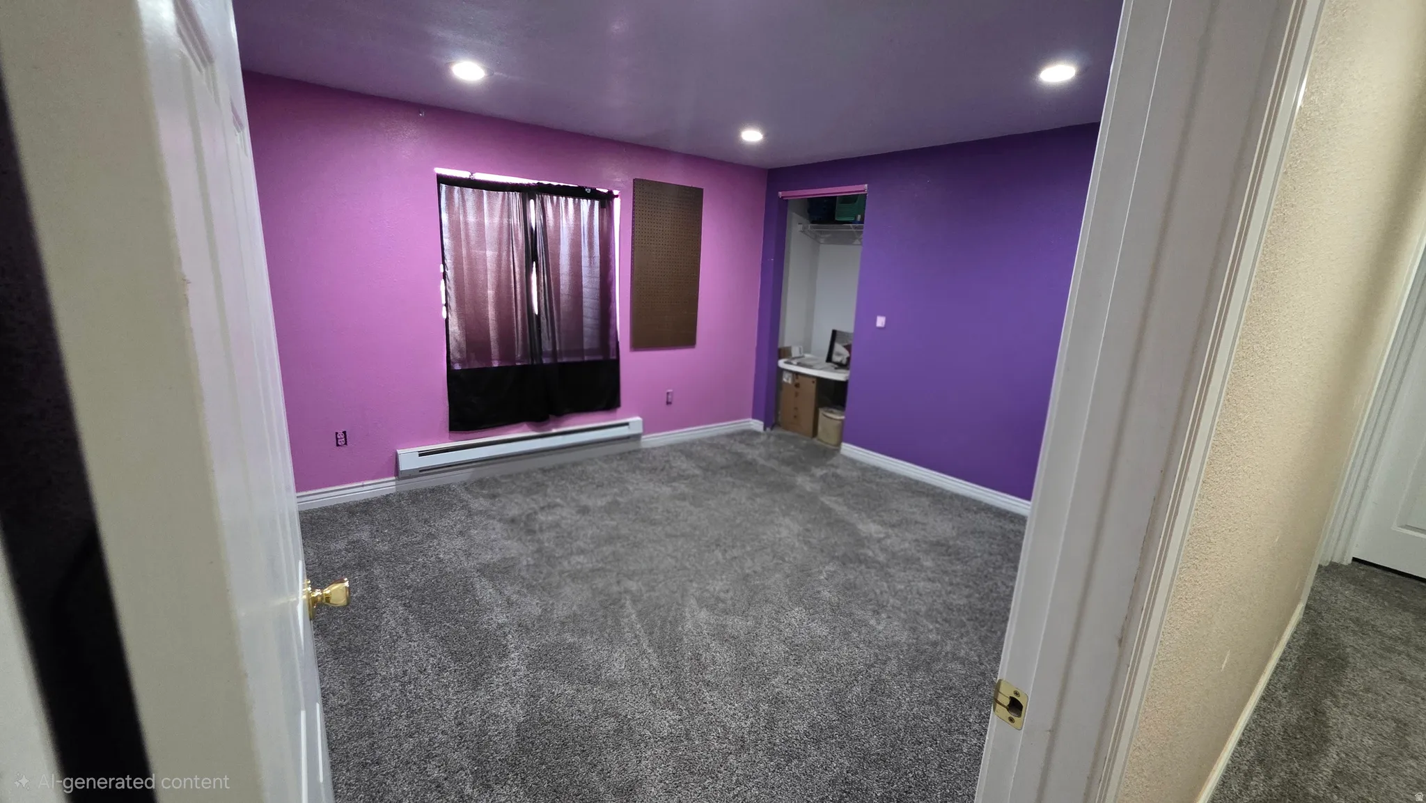 Recessed lighting, window with dark drapes, baseboard heating, built-in shelving, and carpeted flooring