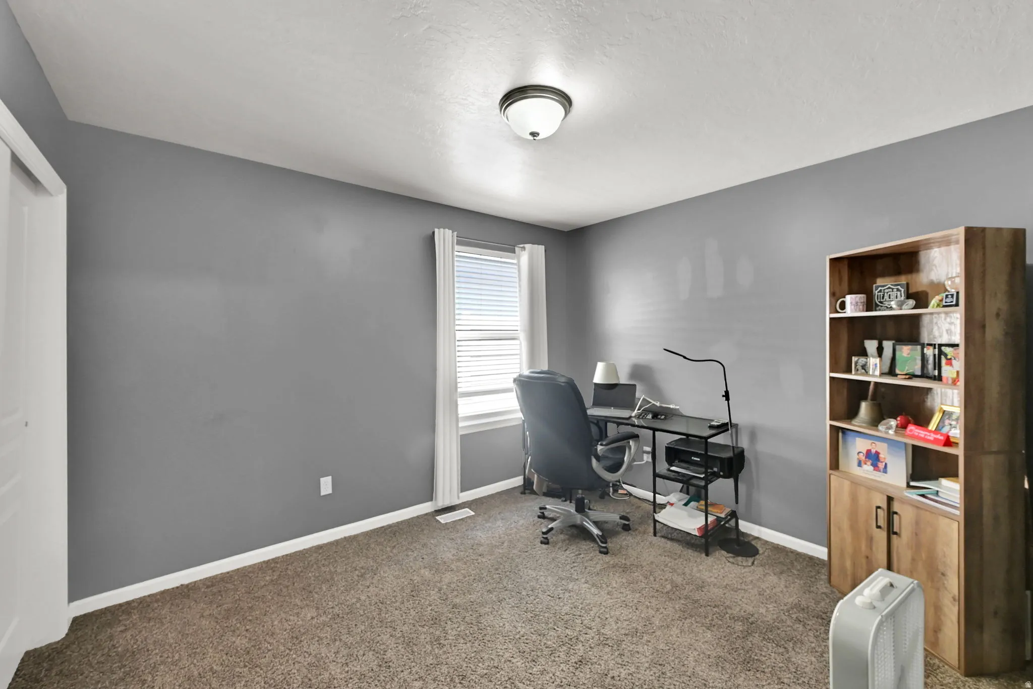 Neutral gray wall paint, textured carpet, white window trim, and a semi-flush mount ceiling light