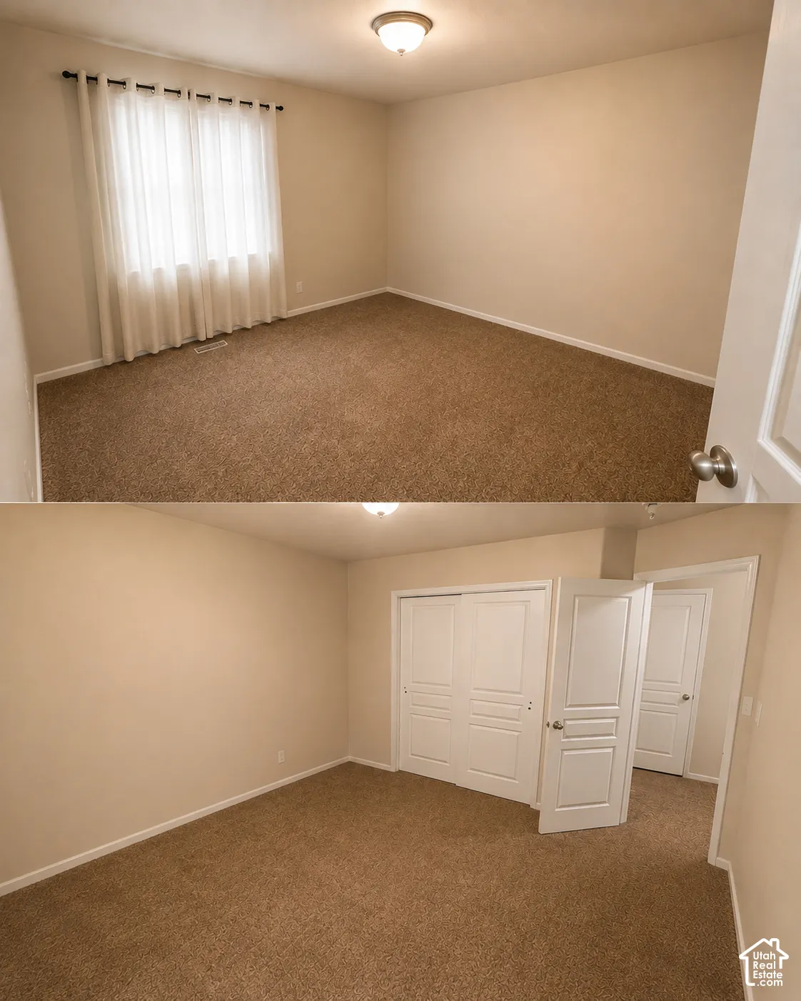 Neutral wall paint, plush carpet flooring, recessed ceiling light, white trim, and a white interior door