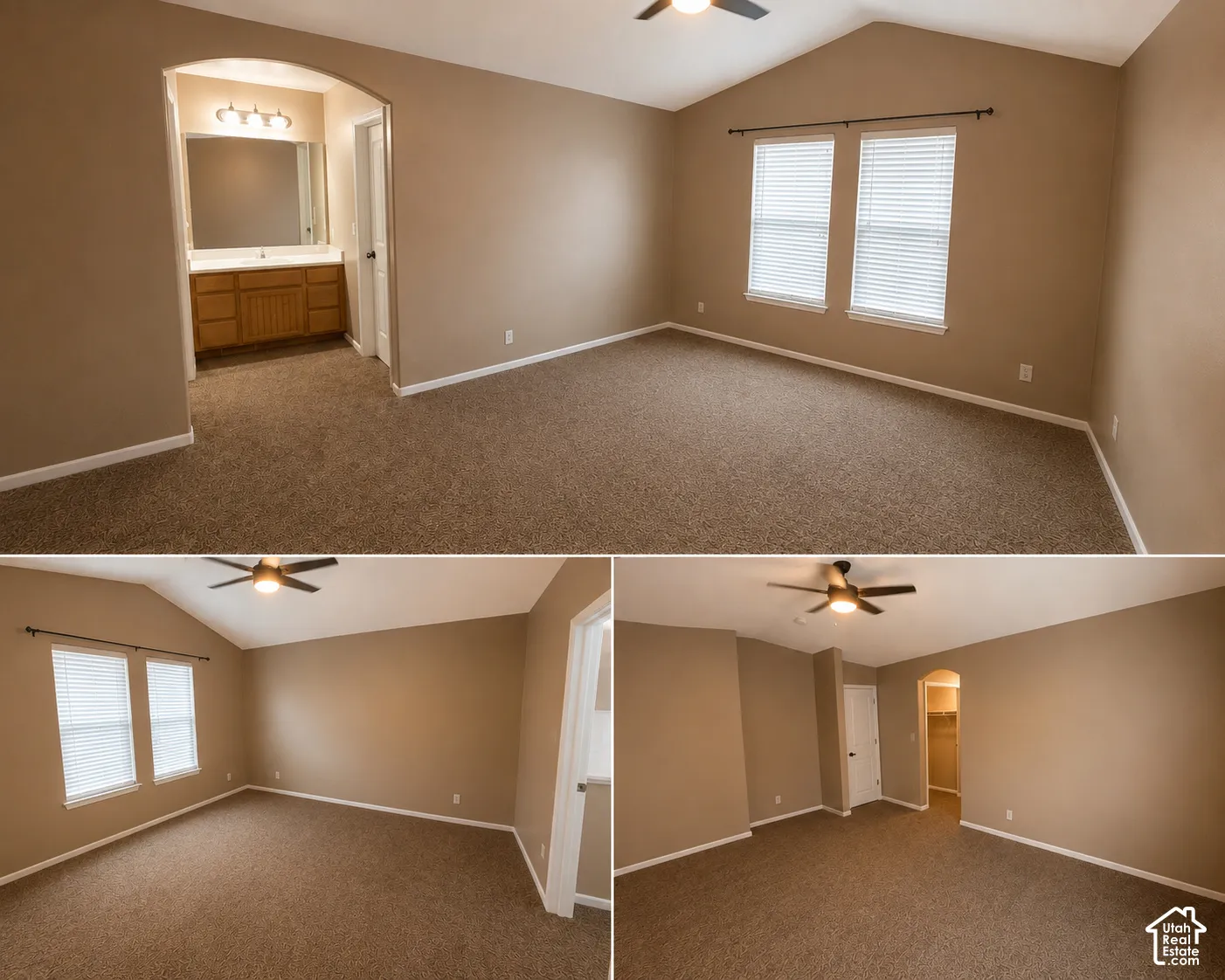 Expansive room with vaulted ceilings and textured carpeting