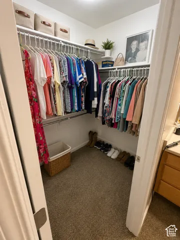 Walk-in closet featuring white wire shelving, overhead lighting, and carpet flooring