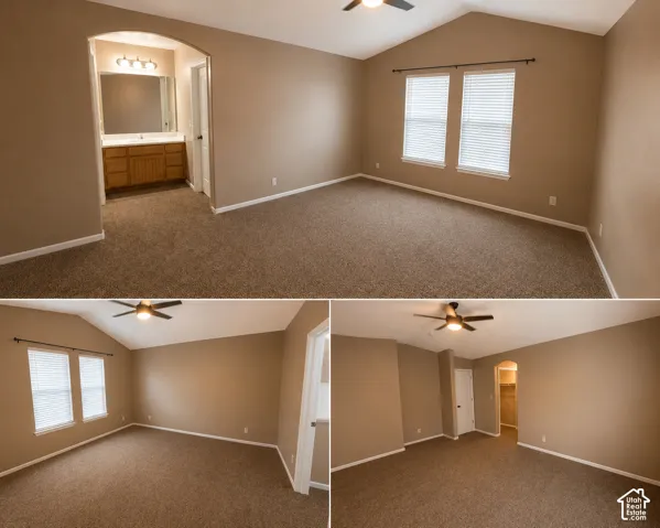 Expansive room with vaulted ceilings and textured carpeting