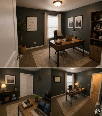 Carpeted room with a ceiling-mounted light fixture