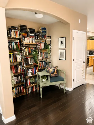 Arched entryway leading to an interior space featuring wood-finish flooring, a built-in shelving unit, and a flush-mount ceiling light