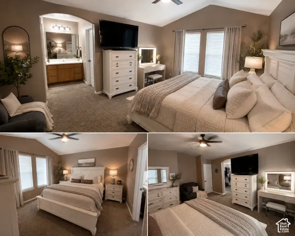 Image compilation. Displaying various perspectives of a bedroom space with an adjoining bathroom