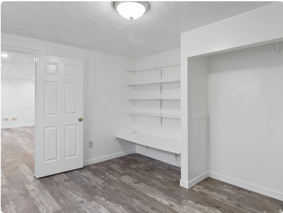 Wood-finish flooring, recessed shelving, and a paneled interior door