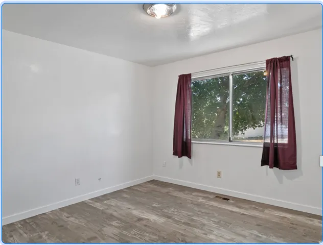 Wood-finish flooring, white walls, and a ceiling-mounted light fixture