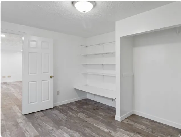 Wood-finish flooring, recessed shelving, and a paneled interior door