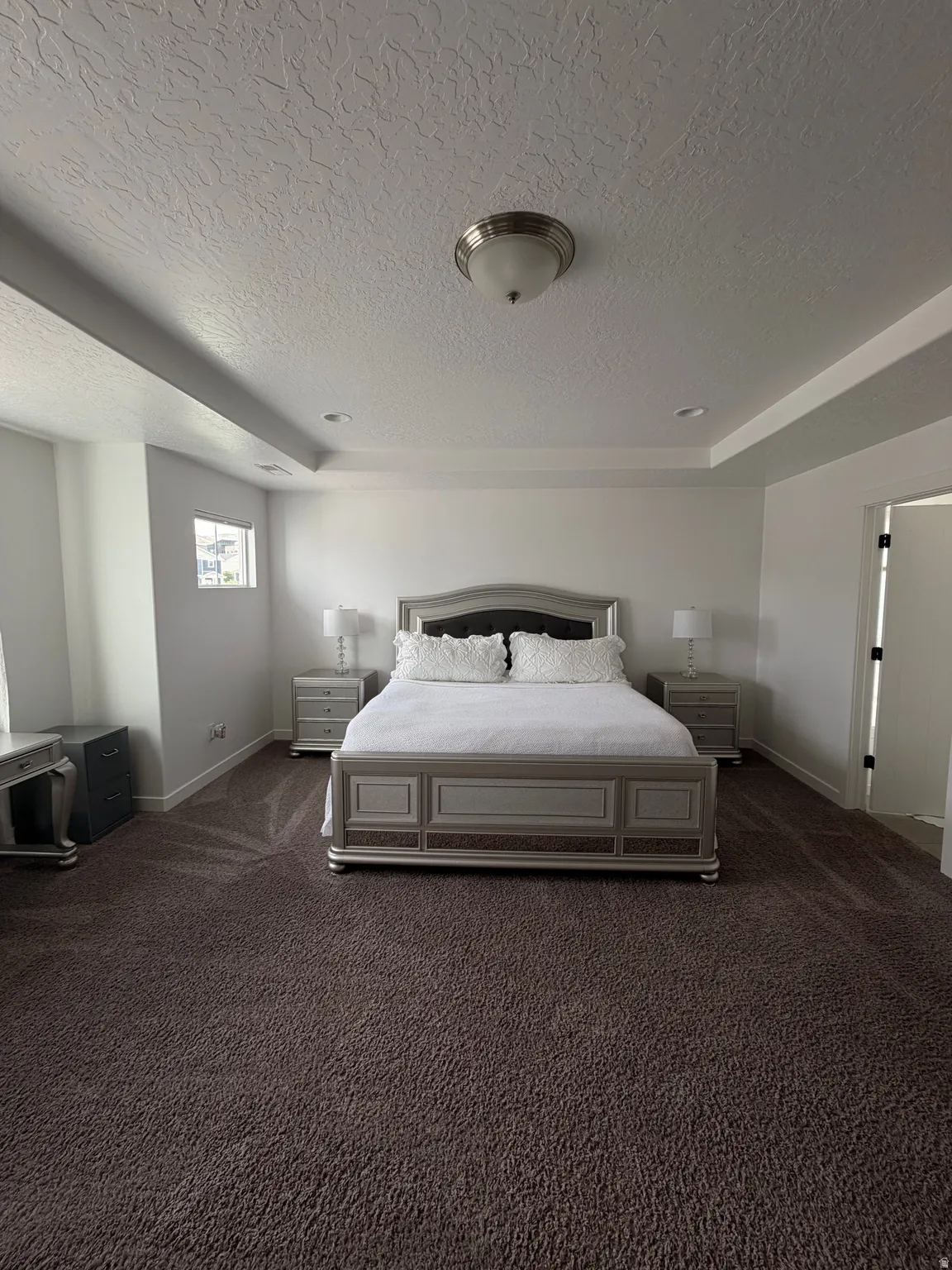 Recessed ceiling lighting, textured ceiling finish, tray ceiling detail, flush mount ceiling light, and wall-to-wall carpeting