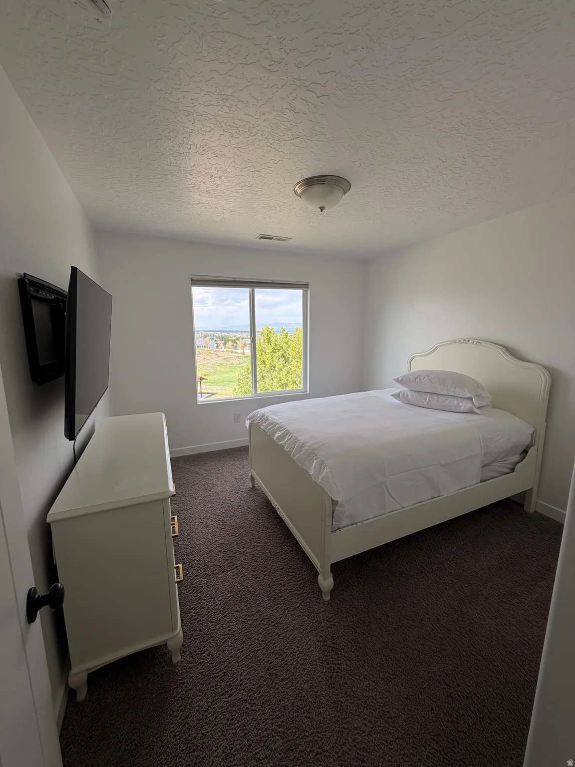 Carpeted room with a ceiling-mounted light fixture, white walls, and a window with exterior scenery