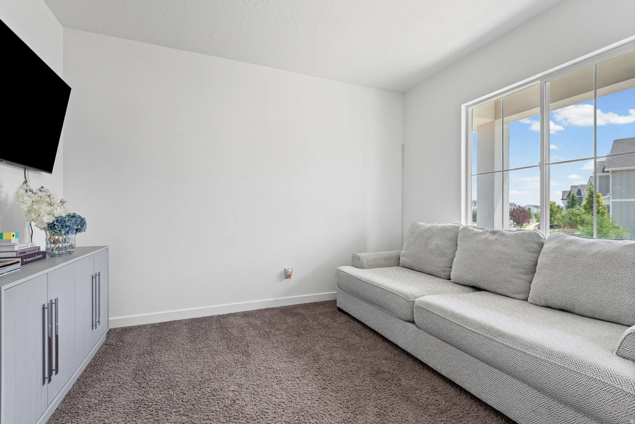 Expansive window with white framing, light-toned carpeting, and a built-in media cabinet