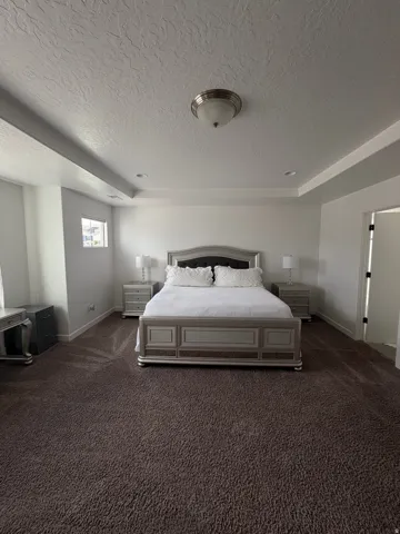 Recessed ceiling lighting, textured ceiling finish, tray ceiling detail, flush mount ceiling light, and wall-to-wall carpeting