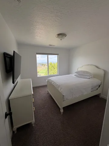 Carpeted room with a ceiling-mounted light fixture, white walls, and a window with exterior scenery