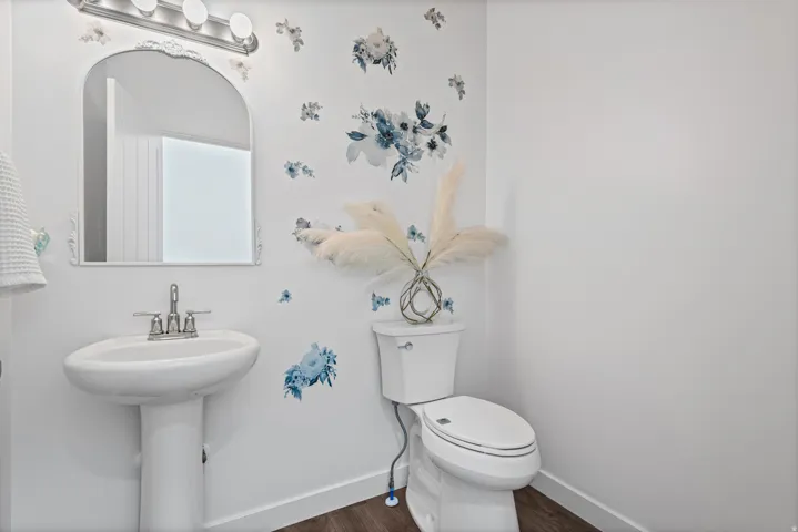 Pedestal sink with chrome-finish faucet, framed mirror, and wood-finish flooring