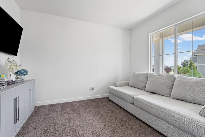 Expansive window with white framing, light-toned carpeting, and a built-in media cabinet