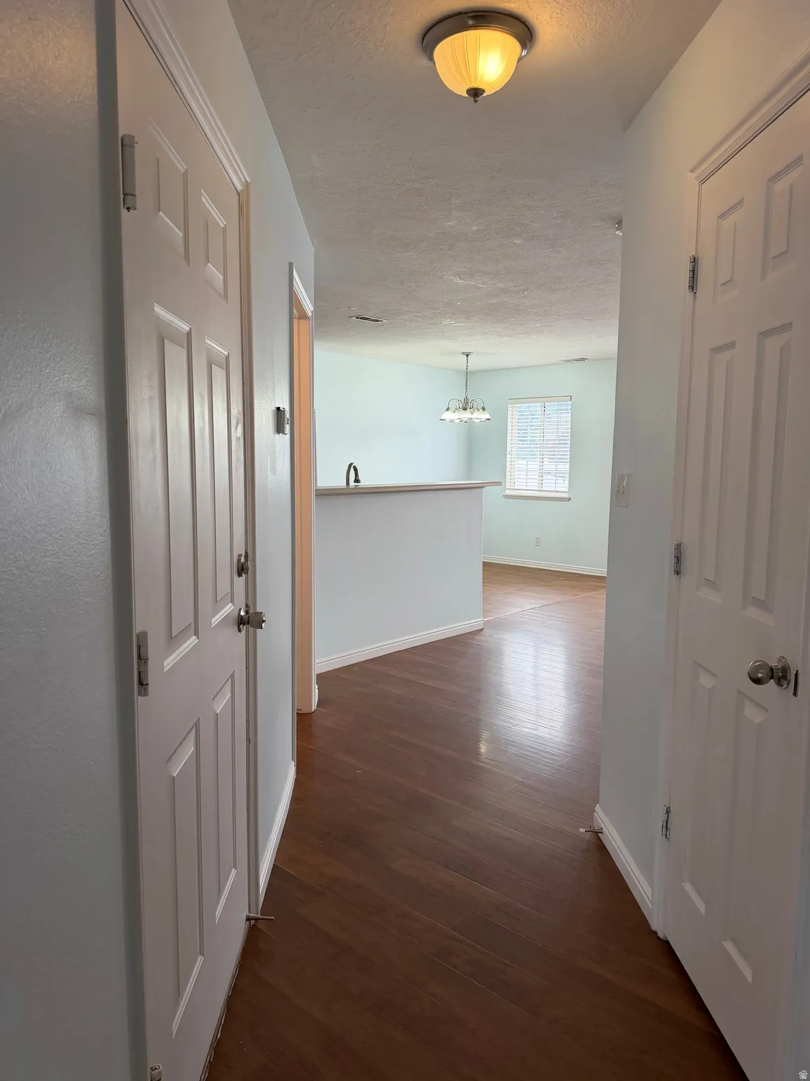 Wood-finish flooring throughout, with a semi-flush mount ceiling light fixture