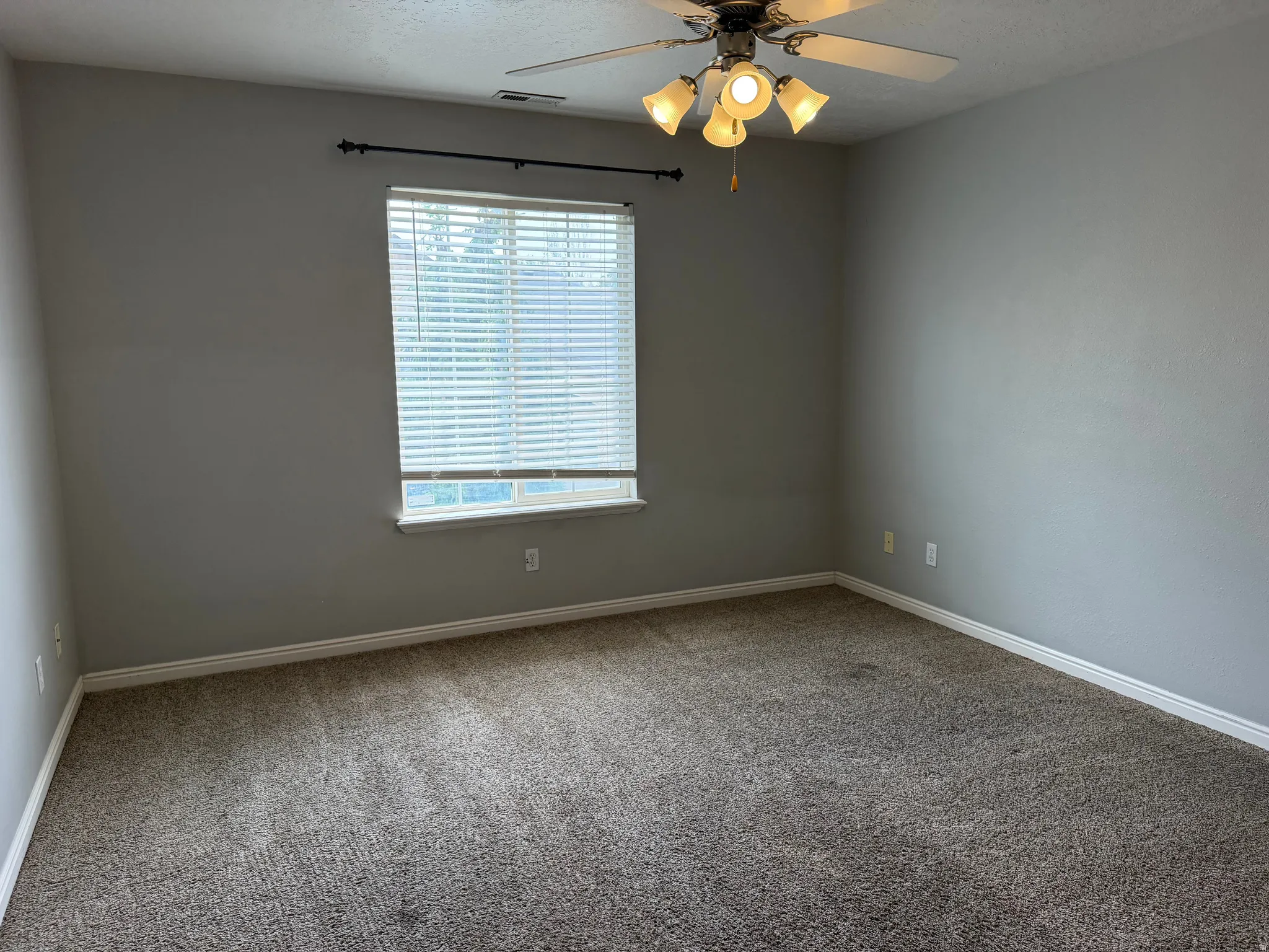 Carpeted flooring, neutral wall paint, window with blinds, ceiling fan, and overhead lighting