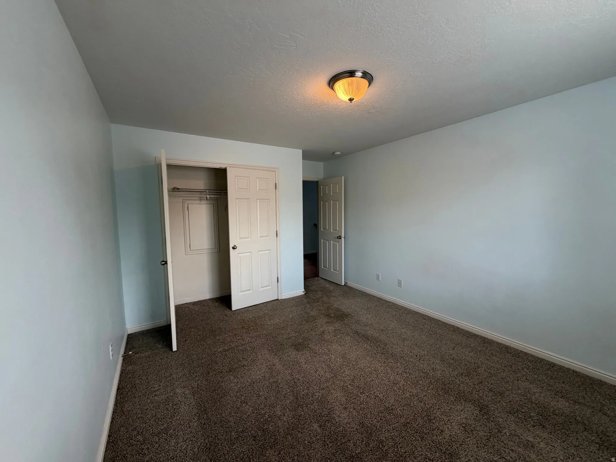Plush carpet flooring, neutral paint palette, flush mount ceiling light fixture, and closet with bi-fold door