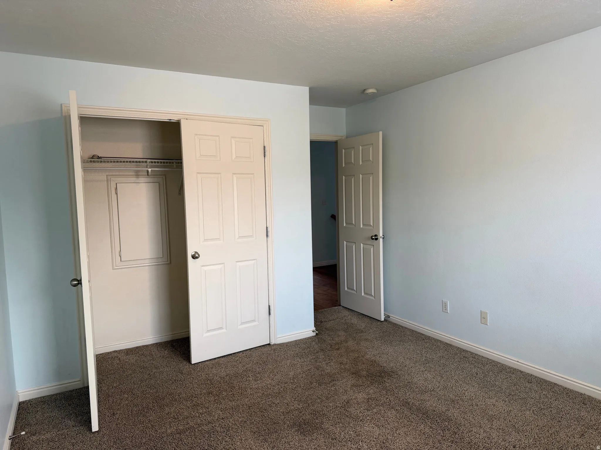 Carpeted flooring, light-colored walls, white trim, paneled interior doors, and a built-in closet with shelving