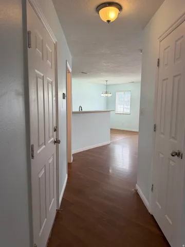 Wood-finish flooring throughout, with a semi-flush mount ceiling light fixture