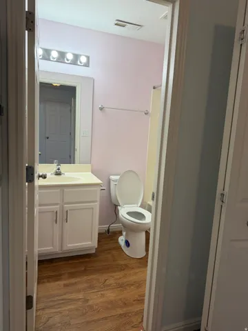 Bathroom with wood-finish flooring, white vanity with integrated sink, and wall-mounted vanity lighting
