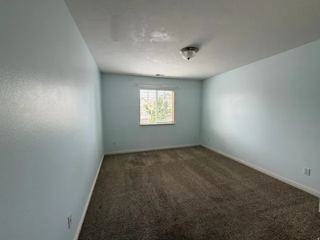 Wall-to-wall carpeting in a neutral tone, flush-mount ceiling light fixture, and a window with blinds