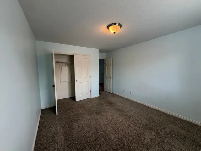 Plush carpet flooring, neutral paint palette, flush mount ceiling light fixture, and closet with bi-fold door