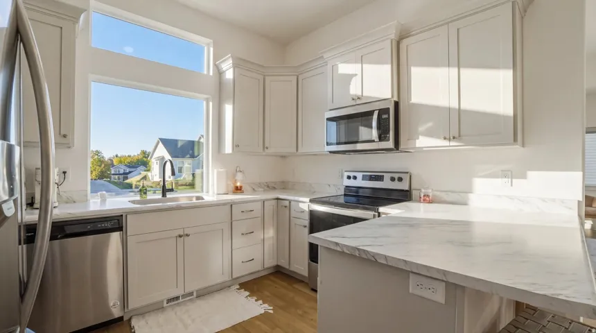White cabinetry, stainless steel appliances, wood-finish flooring, white countertops, and a large window