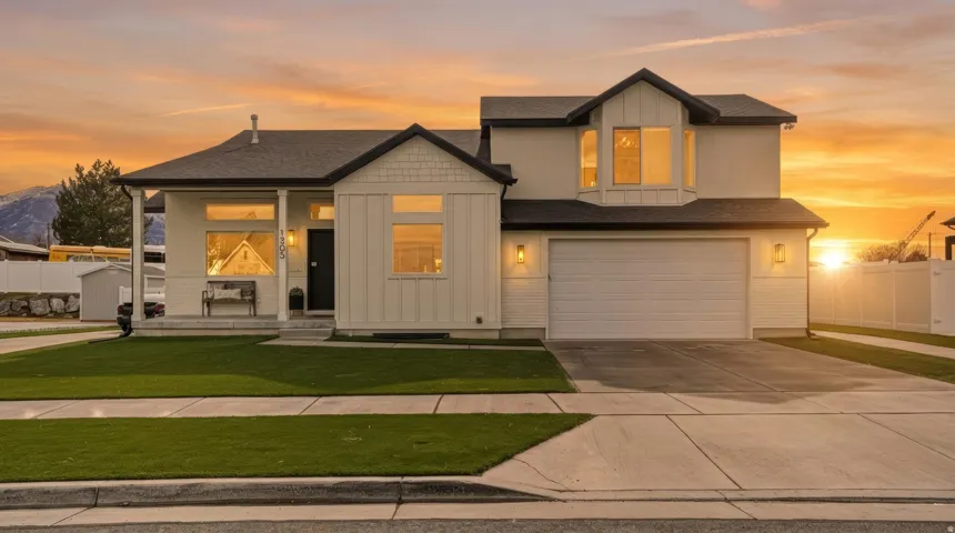 Contemporary home with a covered front porch, integrated two-car garage, and a manicured lawn