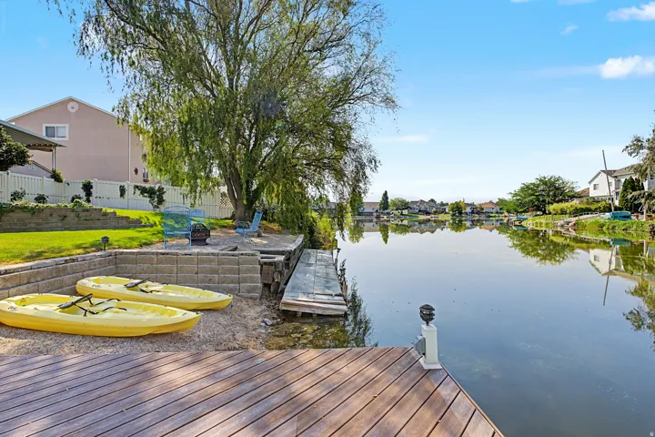 Waterside wood-finish decking with a fixed dock