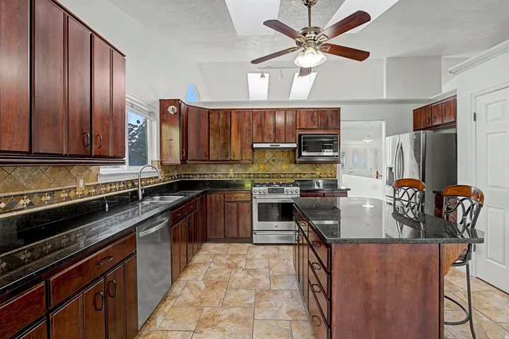 Kitchen featuring dark wood cabinetry, black countertops, stainless steel appliances, a tiled backsplash, and a ceiling fan