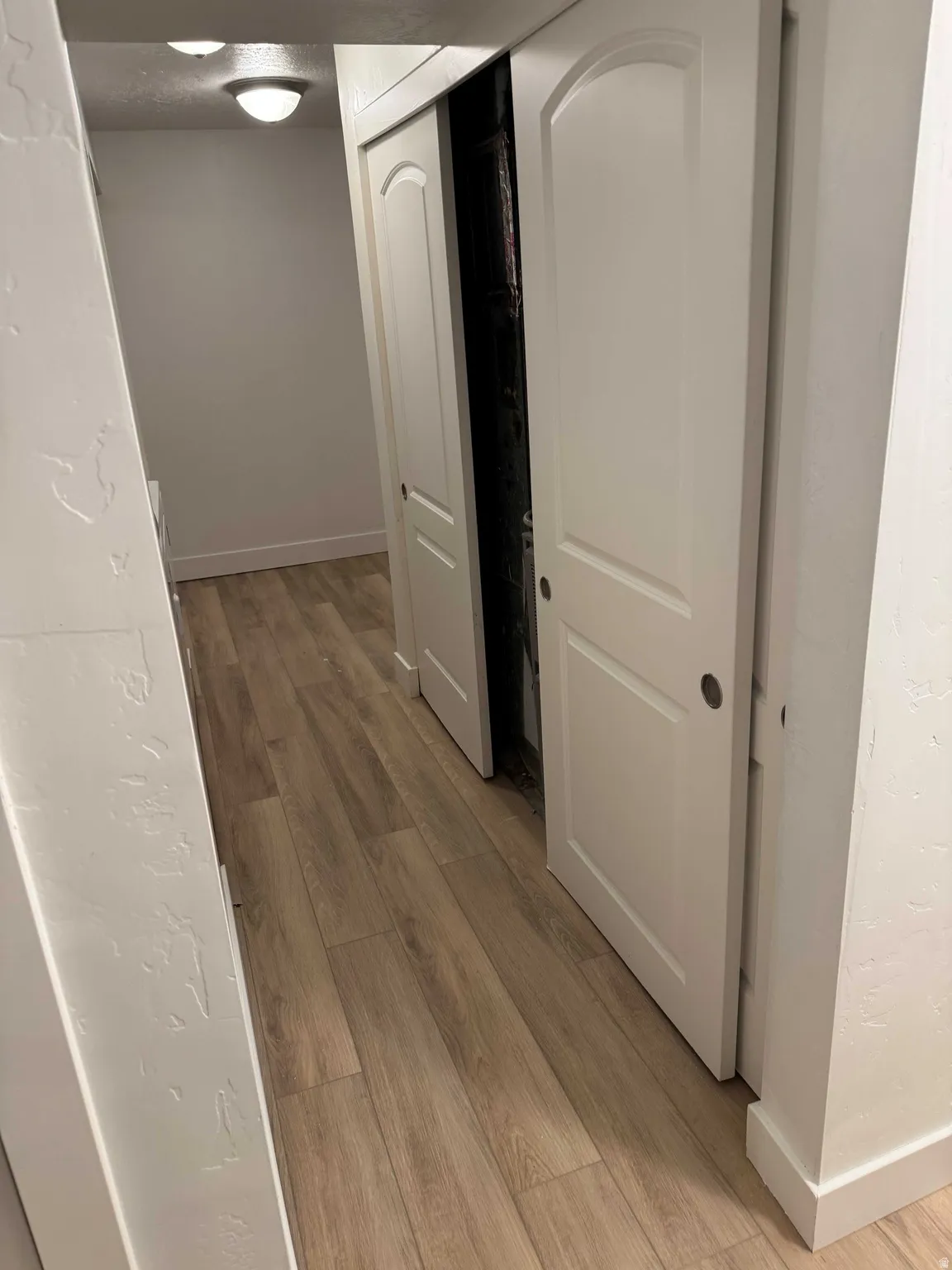 Wood-finish flooring, white walls, white trim, sliding closet doors with arched panels, flush-mount ceiling lighting