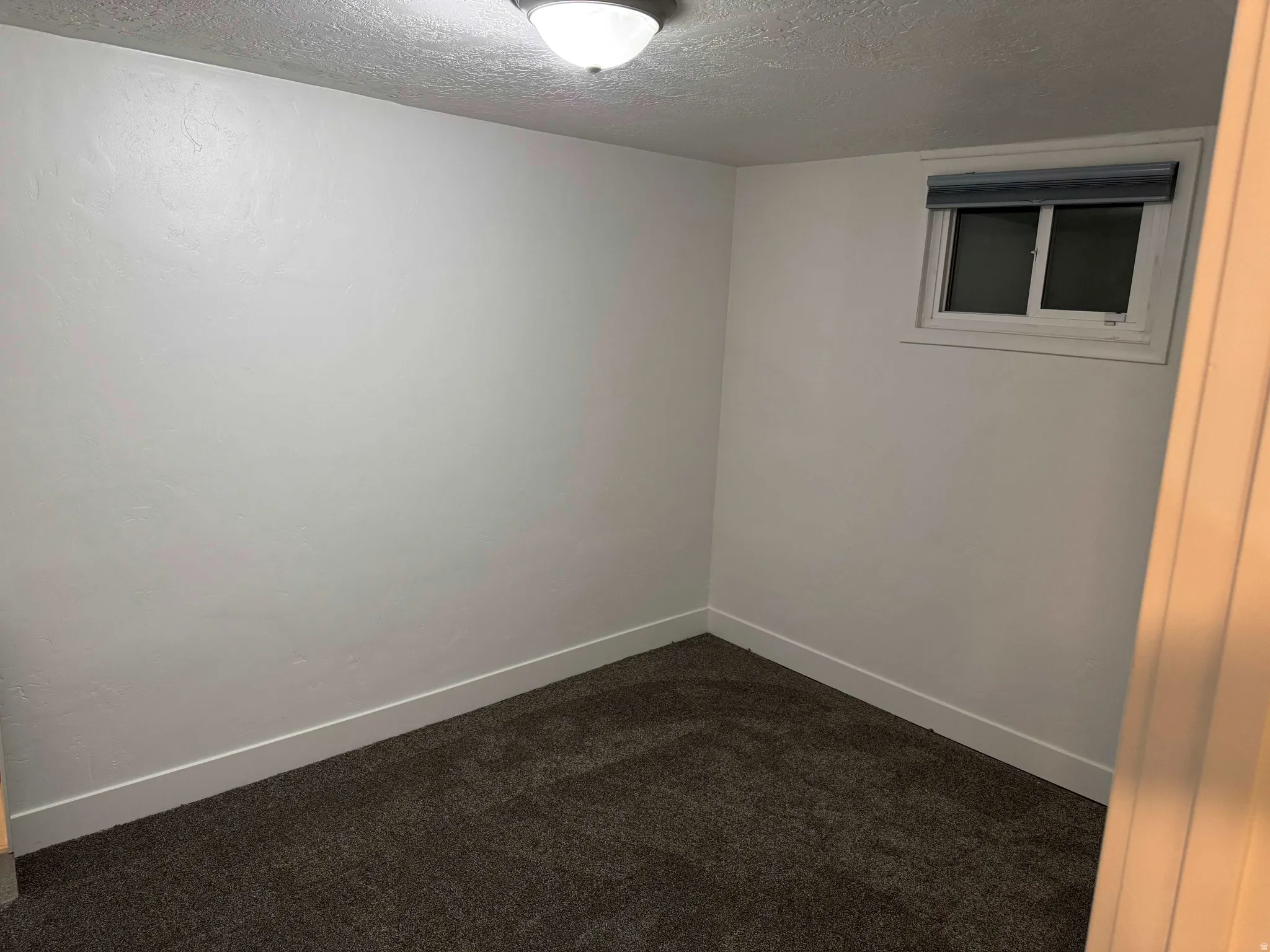 Recessed window with a roller shade, flush-mount ceiling light fixture, and dark carpet flooring