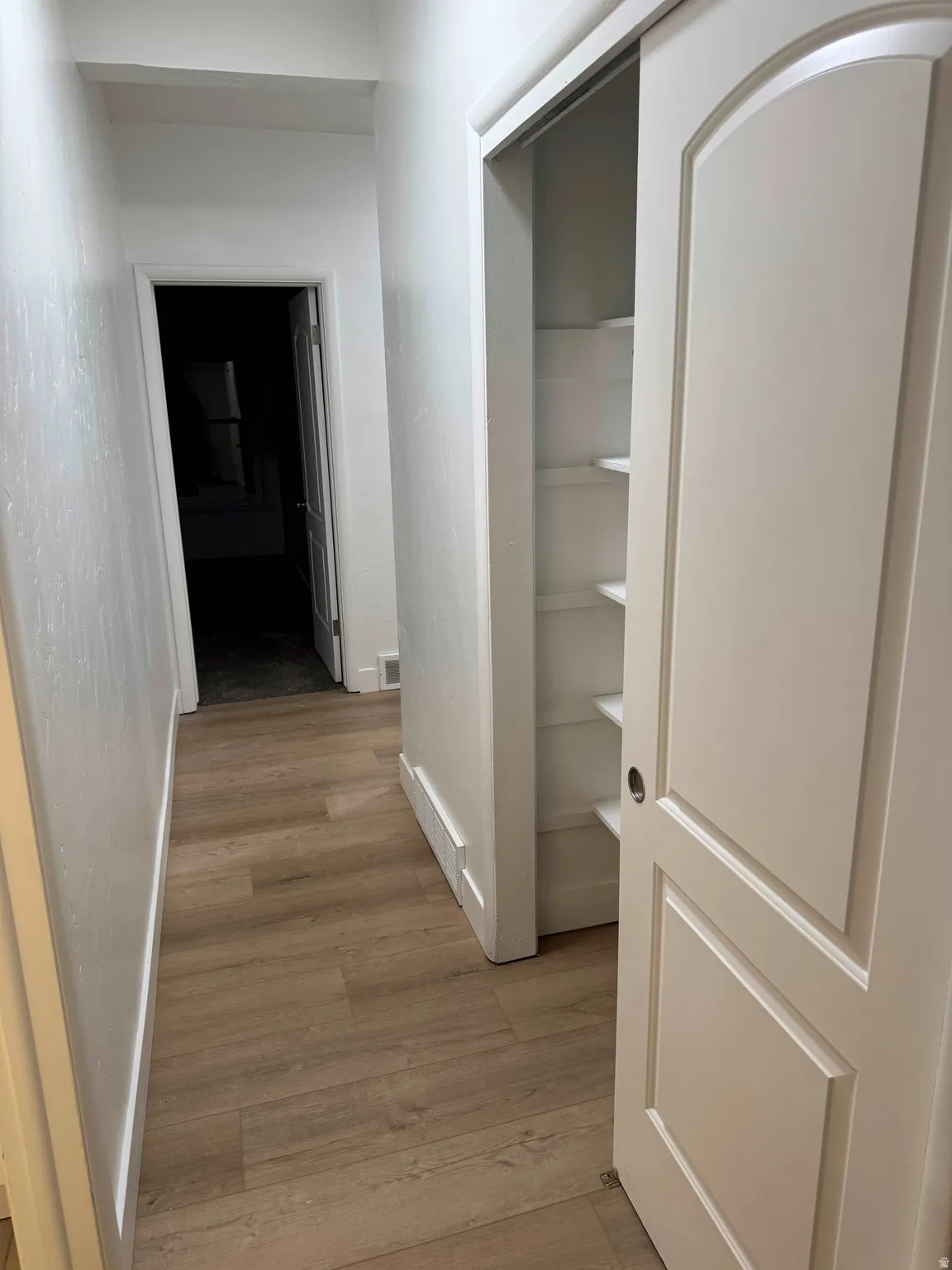 Wood-finish flooring with white wall finishes and a built-in storage closet