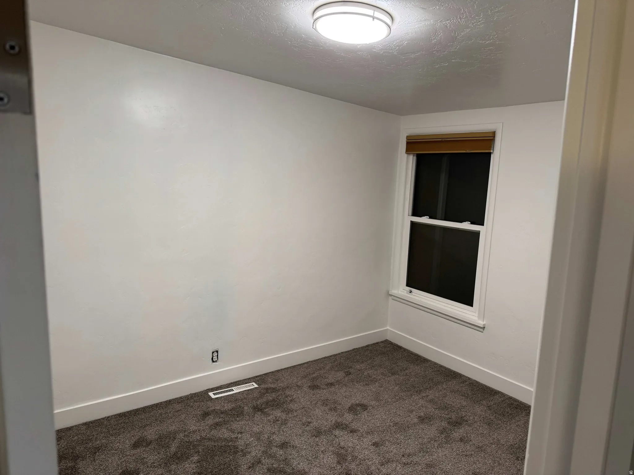 Recessed window with wood-finish blinds, wall-mounted light fixture, and carpeted flooring