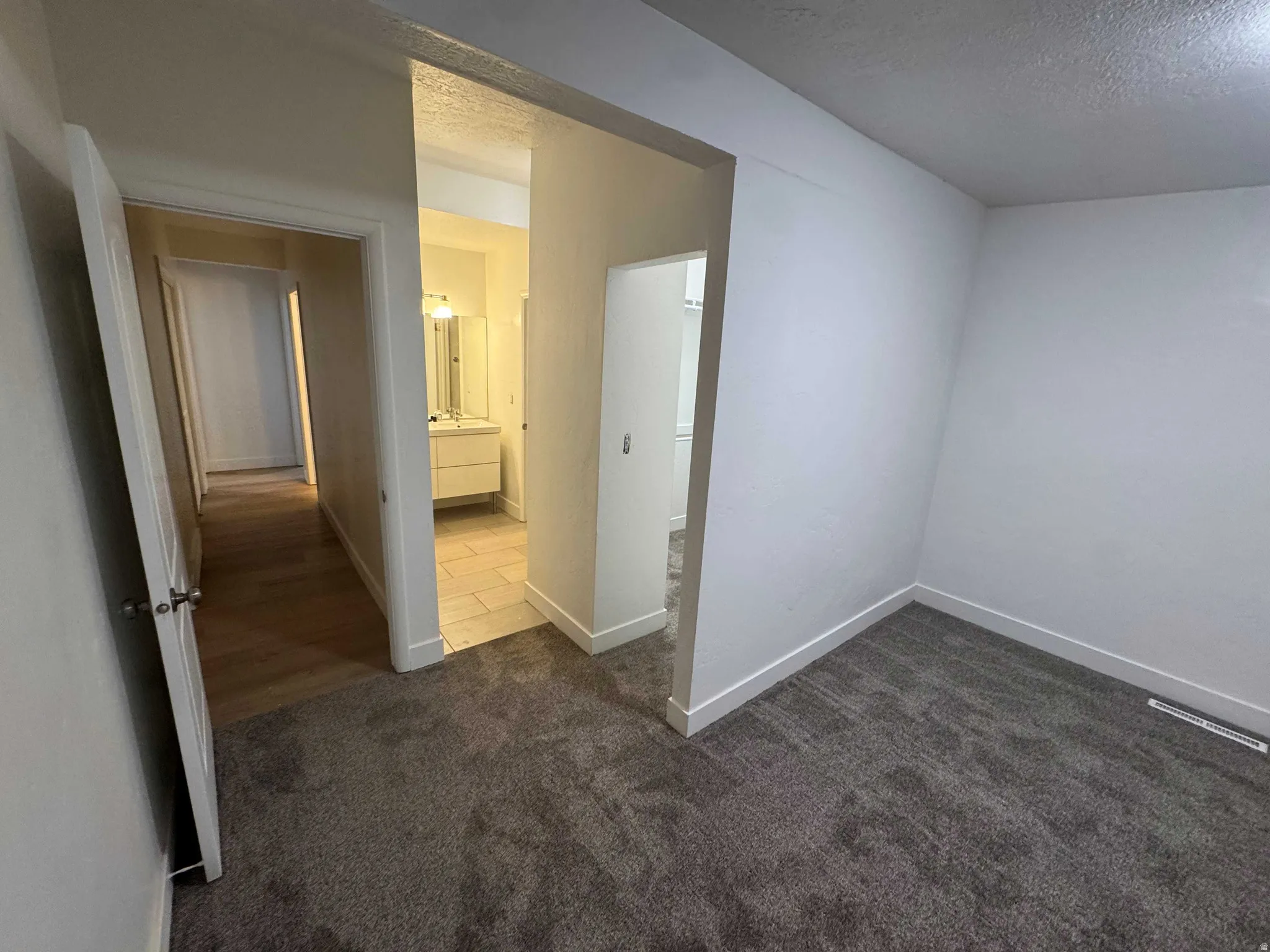 Plush carpet flooring, wood-finish flooring, tiled bathroom flooring, single vanity with integrated sink, and wall-mounted mirror