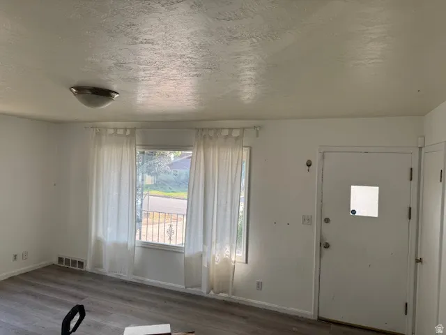 Wood-finish flooring, white walls, and a ceiling-mounted light fixture