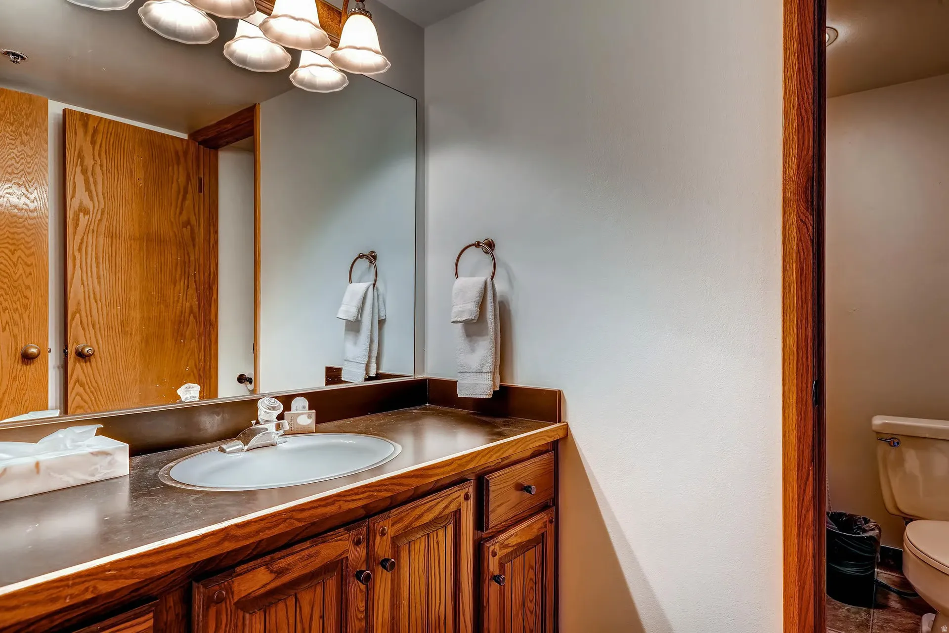 Bathroom vanity featuring wood cabinetry, an integrated sink, and a multi-bulb light fixture