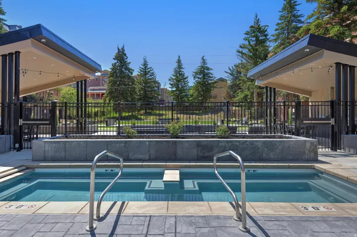 Dual hot tubs featuring integrated steps and stainless steel handrails, surrounded by patterned concrete pavers
