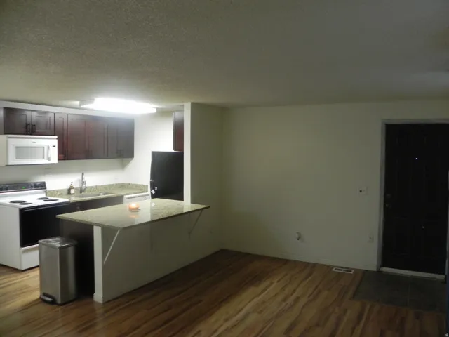 Kitchen featuring wood-finish flooring, dark wood cabinetry, light-toned countertops, and a built-in breakfast bar