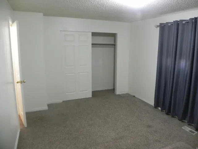 Carpeted room with a bi-fold closet, ceiling light fixture, and window treatment