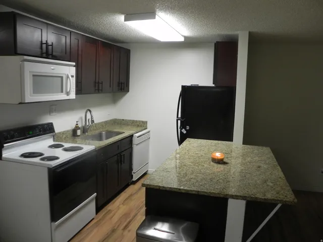 Kitchen featuring wood-finish flooring, dark wood cabinetry, and light-toned countertops