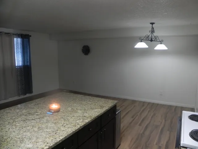 Kitchen island with stone-finish countertop, dark wood-finish cabinetry, and built-in stainless steel appliance