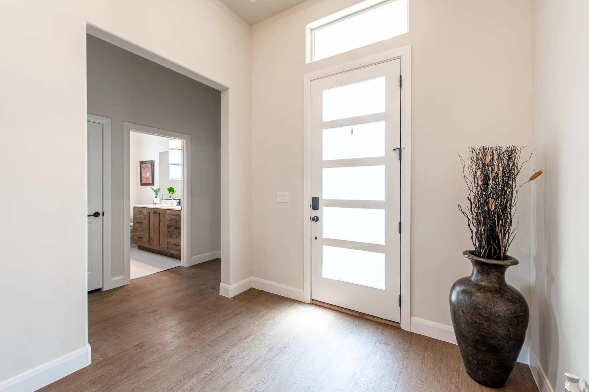 Entryway featuring a contemporary door with frosted glass panels, transom window, and wood-finish flooring