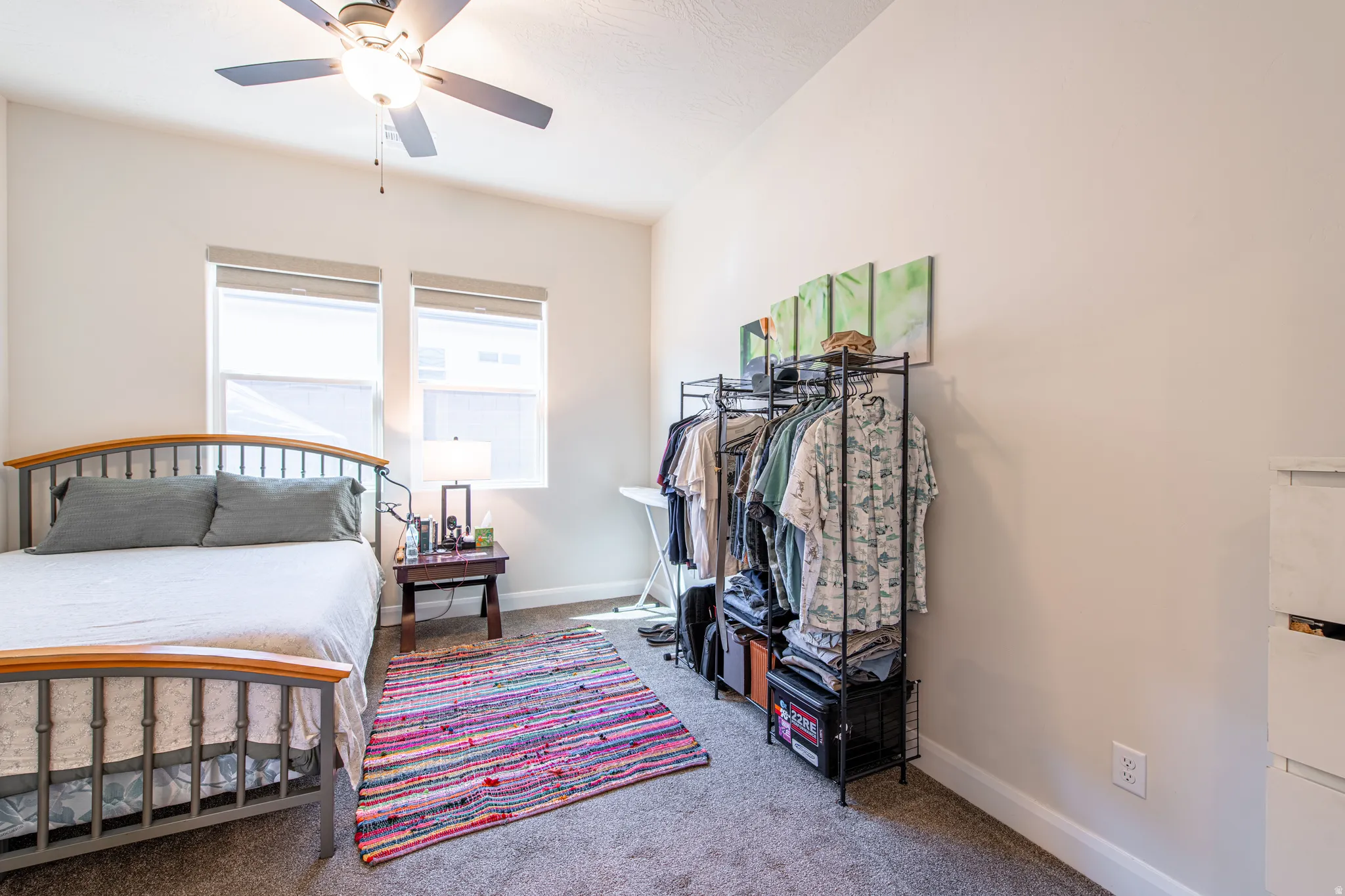 Carpeted room with a ceiling fan, two windows, and neutral wall paint