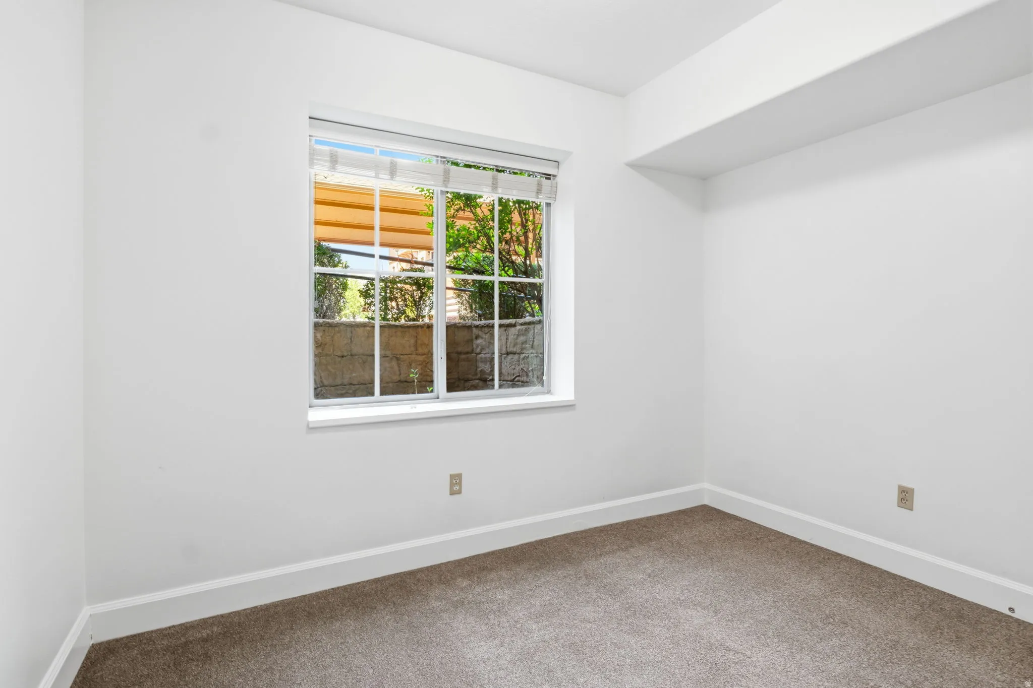 Bright interior with white walls, window with blinds, and brown carpet flooring