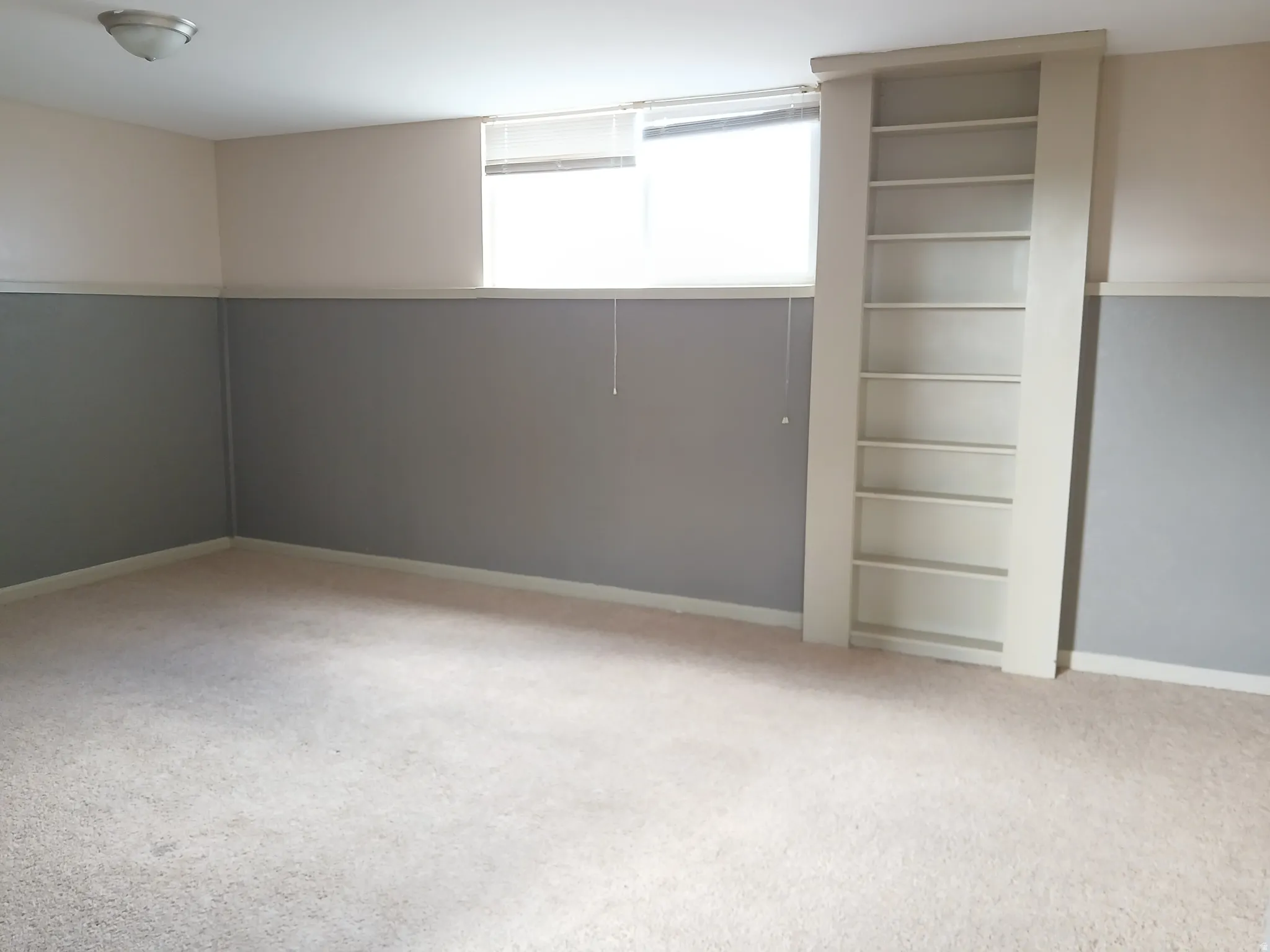 Neutral carpet flooring, built-in shelving, neutral wall tones, and recessed window